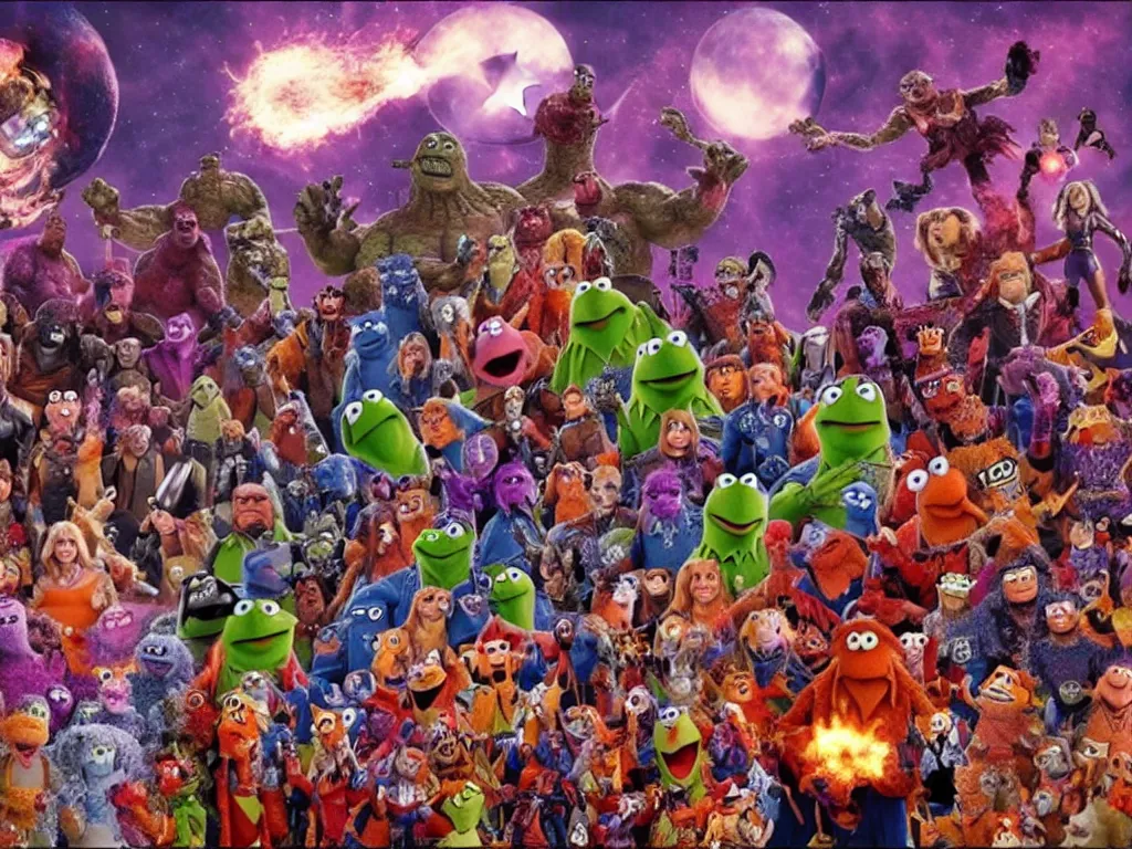 Prompt: A still of The Muppets in the final fight against Thanos, Avengers Endgame, epic, cinematic