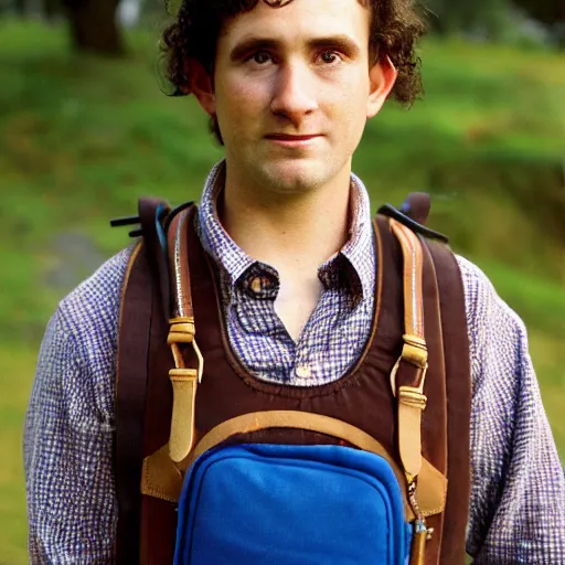 Image similar to close up headshot of a frowning clean shaven pudgy British lad with short curly dark brown hair as a hobbit wearing a white men's crossbody sling chest bag and blue vest, blue vest!! white crossbody chestbag!! high resolution film still, by Bruce Weber