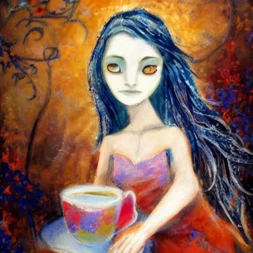 Prompt: painting in the style of lois royo of a single young girl, alone, with no one else around, sitting alone on her throne, drinking coffee. she has long dark hair, blue eyes, two arms, two legs, one torso and one head.