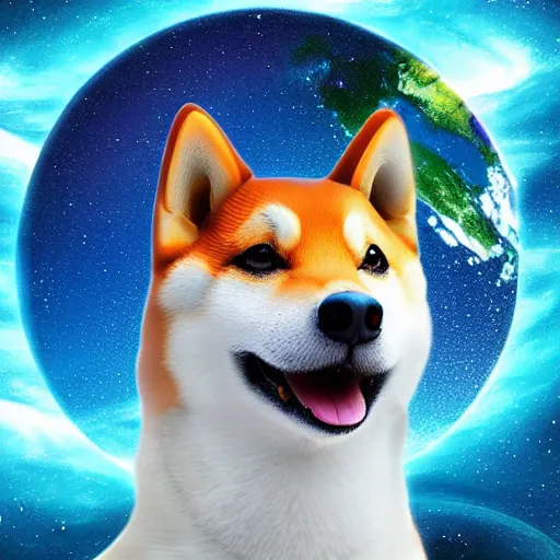 Prompt: winged shiba in space, wonderful planets, digital art, 4 k, realistic, vivid colors