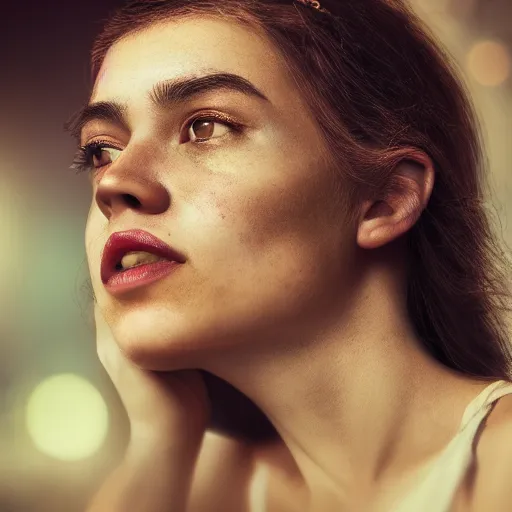 Image similar to a artsy portrait of a woman dreaming about a better world, f 2. 0, leica, highly detailed, bokeh, soft lighting, trending on artstation, perfect face, elegant, geometrical, human like