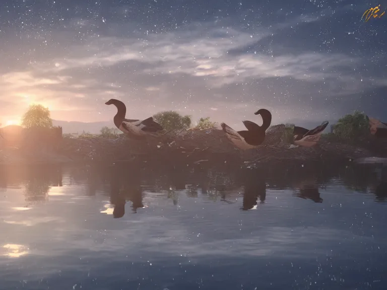 Prompt: geese dreaming of a better life, where no one will harm them, where love conquers all, 8 k, ultra realistic, lens flare, atmosphere, glow, detailed, intricate, full of colour, cinematic lighting, trending on artstation, 4 k, hyperrealistic, focused, extreme details, unreal engine 5, cinematic, masterpiece