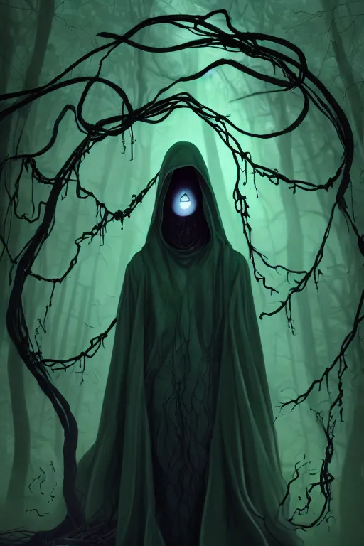 Image similar to A full body portrait of a ghost like character with no face, glowing eyes and a very long hooded dark green cloak of leaves and vines, forest spirits flying in the background art by Shaddy Safadi and Jason Chan, ominous, cosmic horror, trending on artstation, Ultra detailed, hyper realistic 4k