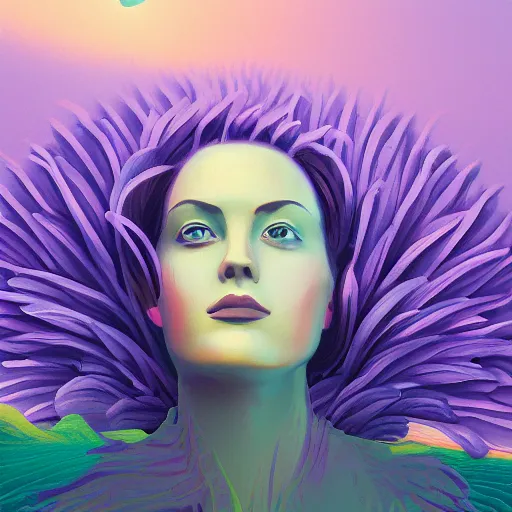 Image similar to portrait, giant purple dahlia flower head, woman between dunes, surreal photography, sunrise, blue sky, dramatic light, impressionist painting, digital painting, artstation, simon stalenhag