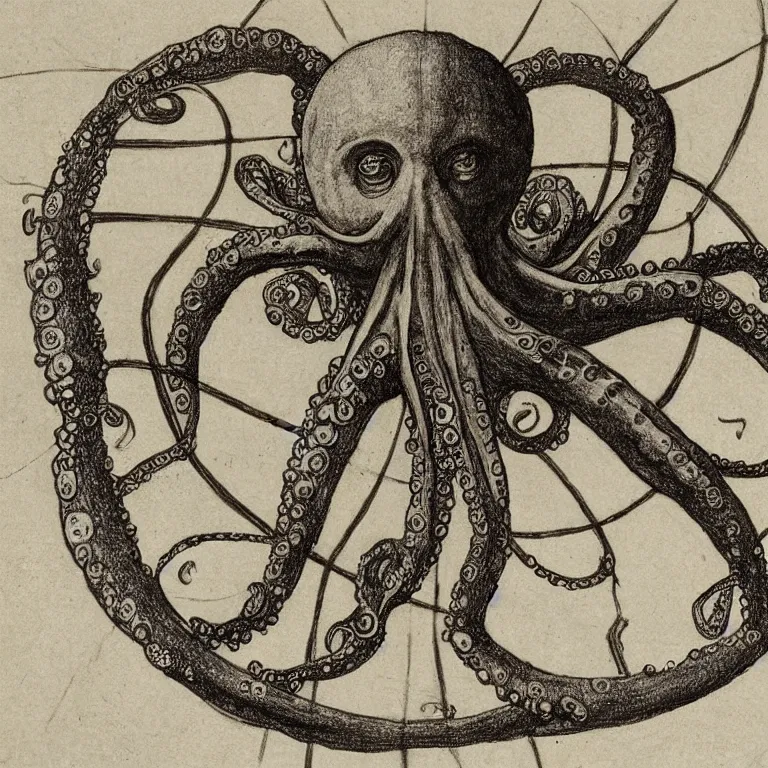 Prompt: Vitruvian Octopus, drawing by Leonardo da Vinci