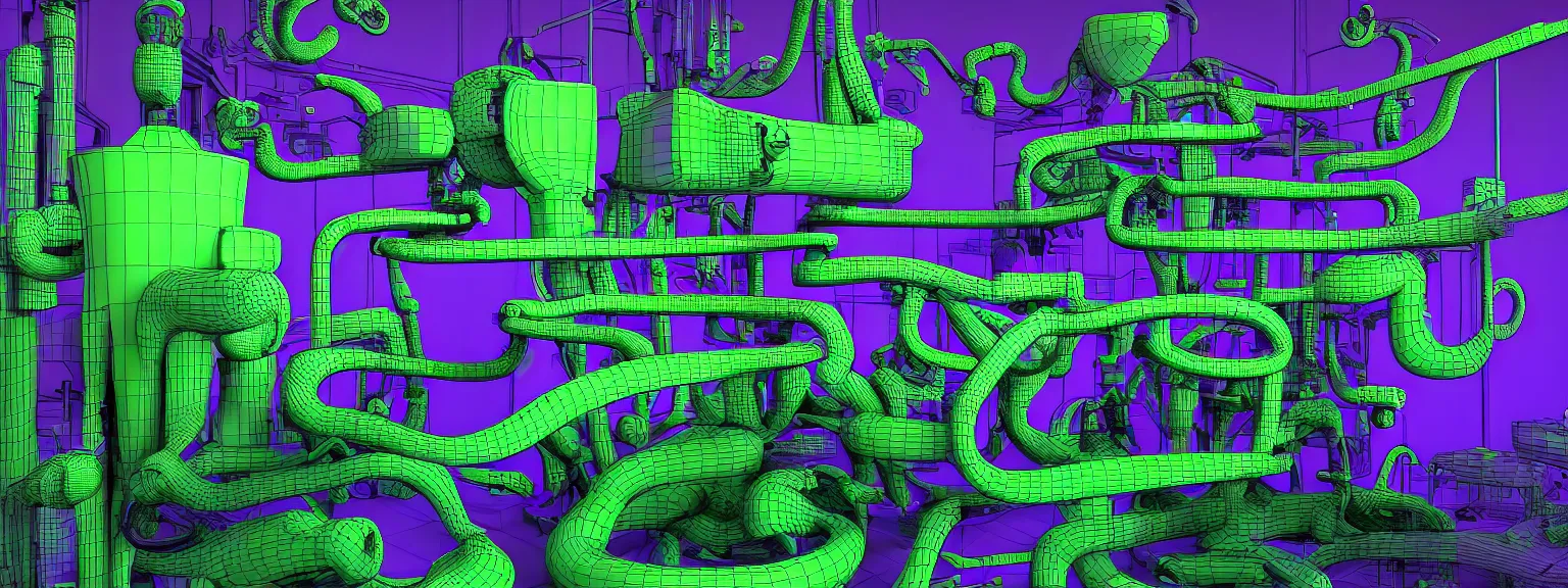 Image similar to a machine for making snake oil, purple and green, highly technical, art by glenn fabry and ed roth, 3 d rendering by beeple, fine detail, 8 k, snake machine