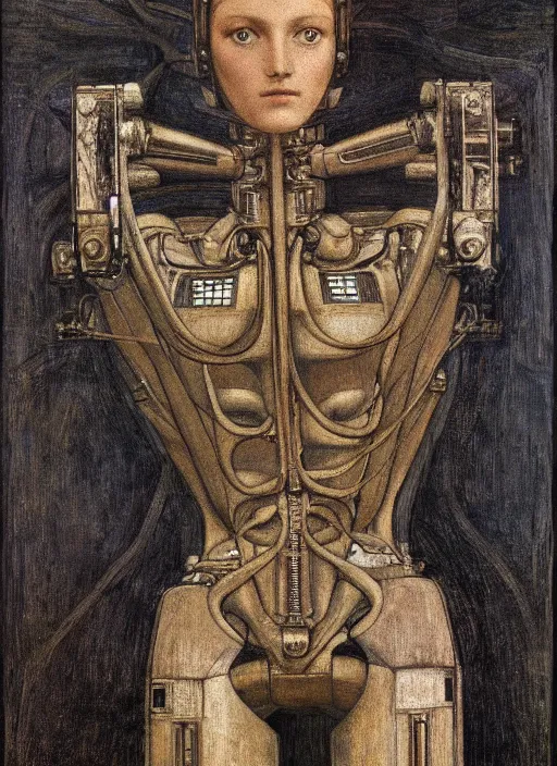 Image similar to a portrait of a robot cyborg by Edward Burne-Jones, pre-raphaelite style