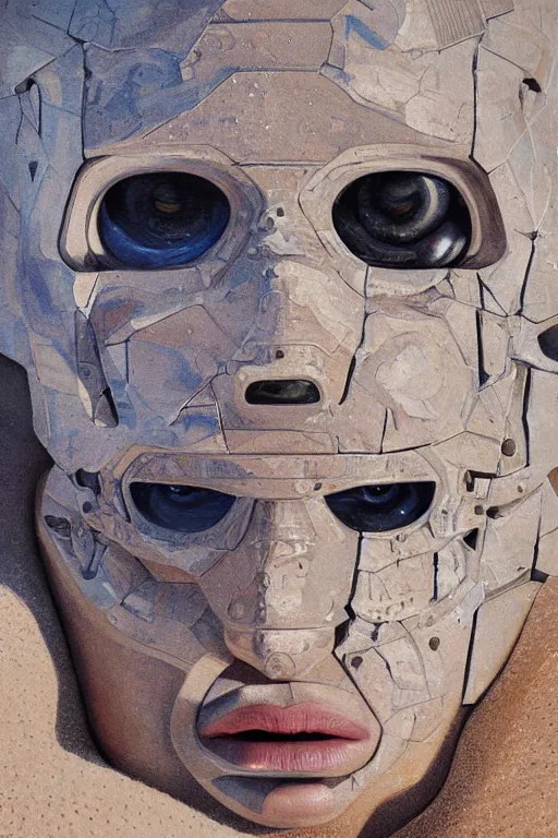 Prompt: hyperrealism oil painting, close-up portrait of cyborg, busted crushed face, sand dunes pattern mixed with night sky, in style of classicism