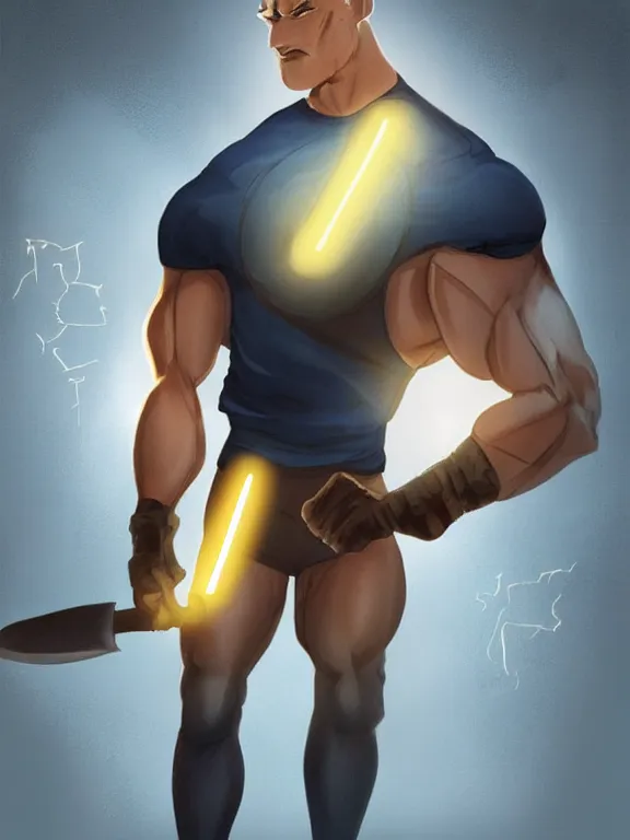 Image similar to portrait art of a muscular man with light blue skin and glowing eyes, wearing a dark blue outfit with now sleeves, fingerless gloves, black shoes. He is carrying a large shovel!!!!!!. around his neck is a glowing light blue vial, 8k ultra realistic , lens flare, atmosphere, glow, detailed, intricate, full of colour, cinematic lighting, trending on artstation, 4k, hyperrealistic, focused, extreme details, unreal engine 5, cinematic, masterpiece