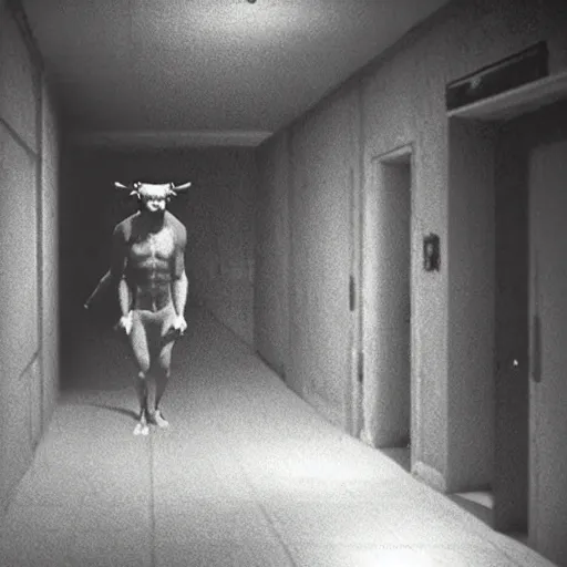 Image similar to hi - 8 night vision camera footage of a barely visible minotaur with red eyes in a dark hallway