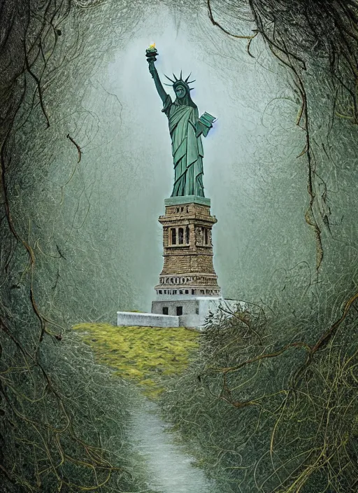 Prompt: hyper detailed painting of the statue of liberty; cracked, decaying, covered in moss and vines; thunderstorm; moody cinematic lighting, painted by Greg Rukowtski, trending on Artstation