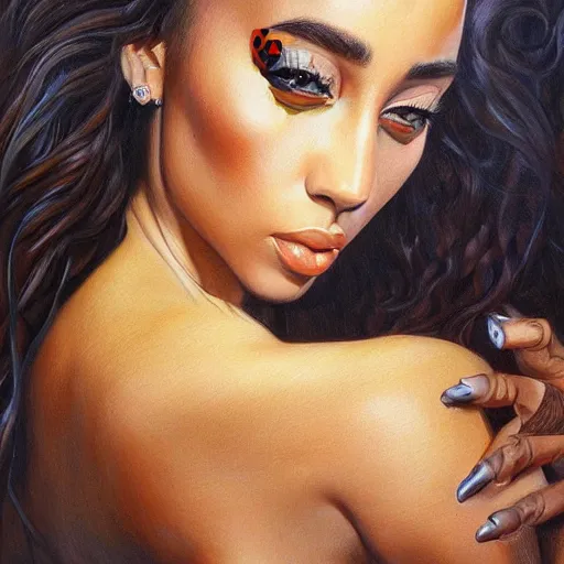 Image similar to pencil art, detailed portrait of doja cat, intricate, hyper detailed, realistic, oil painting, by julie bell, frank frazetta, cinematic lighting