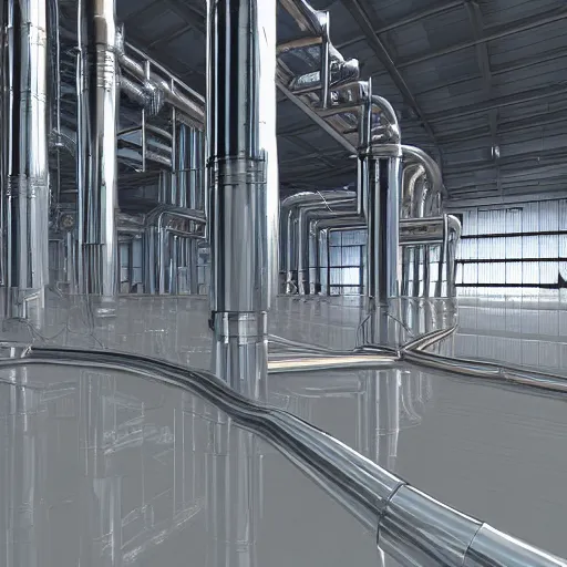 Image similar to big metallic capsule connected to pipelines, purpose is pump, standing in large industrial hall, designed by best engineers, raytracing, reflections