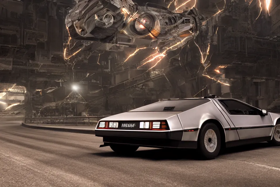 Image similar to ultra realistic delorean dmc 5 drifting on a ancient space highway, dark cinematic, volumetric, realistic, 3 d render, realistic render, cinematic lighting, volumetric lighting, atmospheric, cinematic, unreal engine 5, unreal engine render, octane render, hd, photorealism, hyper realistic, photo, 8 k