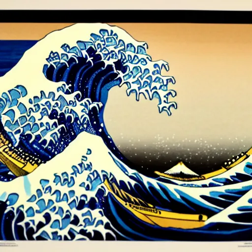 Image similar to a propaganda poster of the great wave off kanagawa