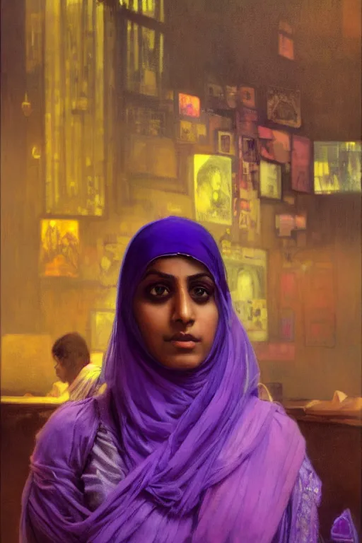 Image similar to hyperrealist portrait of a young indian american woman wearing a purple niqab, it is decorated with long wires and computer monitors are all over their body within the cyberpunk office background. by jeremy mann and alphonse mucha, fantasy art, photo realistic, dynamic lighting, artstation, poster, volumetric lighting, very detailed faces, 8 k, award winning