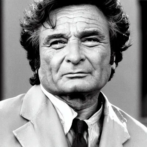 Image similar to peter falk as columbo, symmetrical face!!!!, round symmetrical eyes!!!, at the gates of heaven!!!!!!