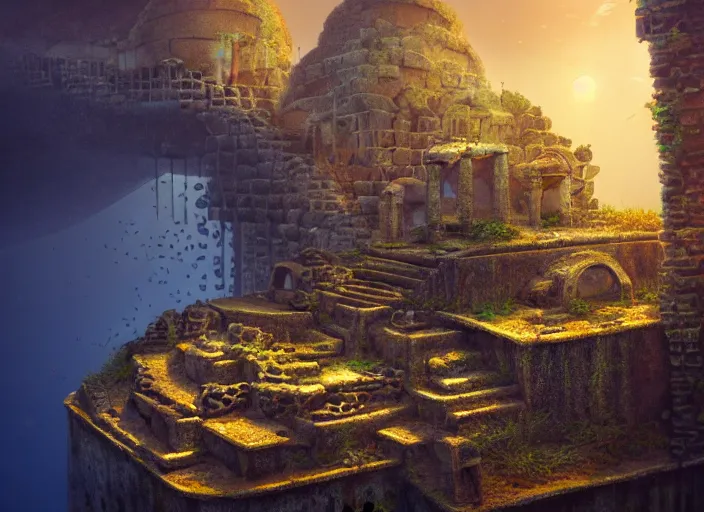 Prompt: ancient ruins favela, underwater environment, arches, urns, scenery, professional, award - winning, trending on artstation, hyper detailed, realistic, beautiful, emotional, shiny, golden, picture