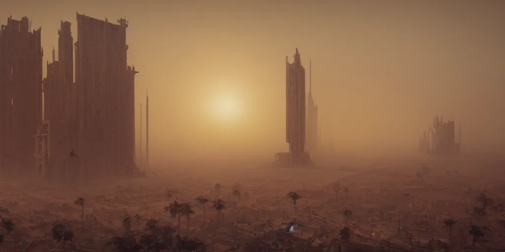 Prompt: tower!!!!!!!!, towers!!!!!!!!, babel, babylon, derelict, tall, ancient, atmospheric, beautiful, concept art, desert, civilisation, artstation, hazy, matte painting, highly detailed, volumetric lighting, rays, moody, golden hour, dawn, octane render, digital art, global illumination, city, burning