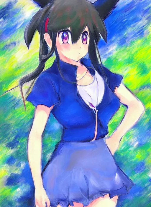 Image similar to a portrait of a female pokemon trainer, blue outfit, very anime in impressionist style, anime trending artwork, anime painter studio, by claude monet