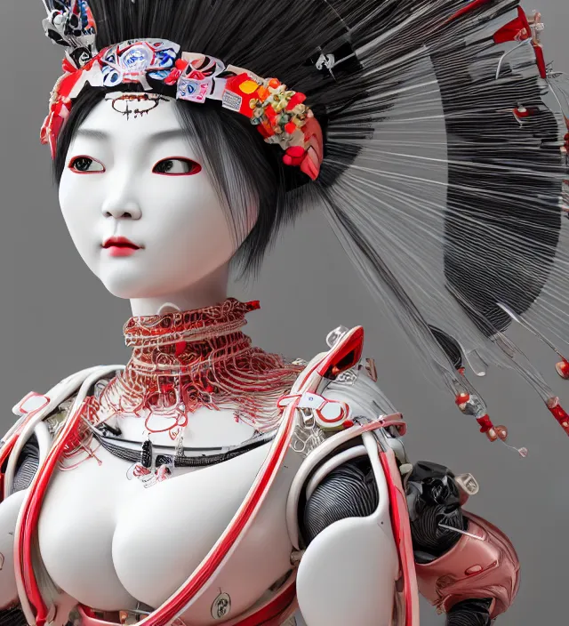 Prompt: portrait of a beautiful japanese robotic geisha with wires and actuators and kanji tattoos and decals, dramatic lighting, hyper - realistic, ultra - realistic, intricate details, japanese model, 8 k ultra high definition, octane render