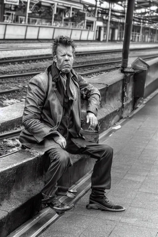 Prompt: Tom Waits sitting on railway station looking at big watches, grey, brown, photorealistic imagery