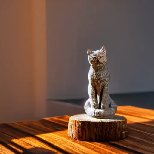 Prompt: Glass statue of cat on wooden table with ambient light