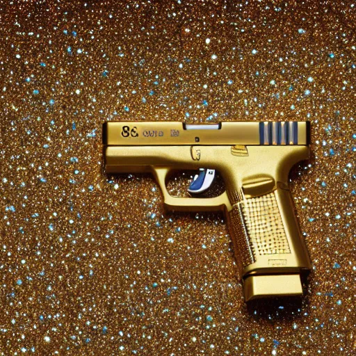 Image similar to a medium shot photograph of a gold glock 18 encrusted with gemstones against a silk background