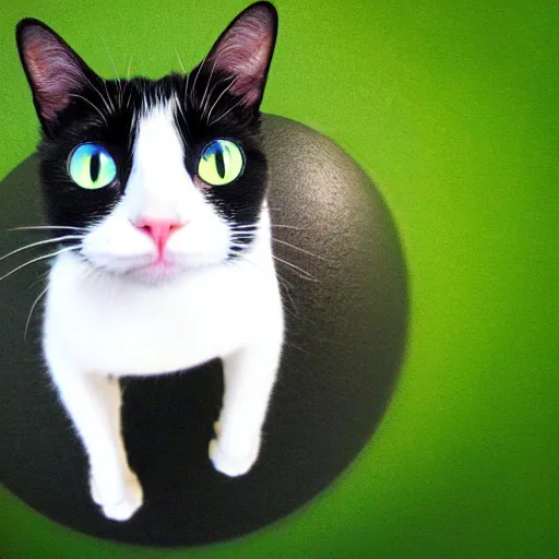 Image similar to white and black cat with green eyes setting planet earth on fire, fisheye lens, paws on top of planet