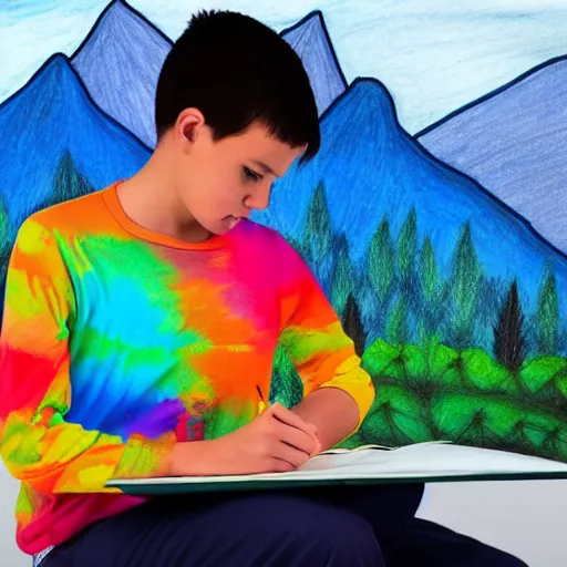 Prompt: boy, drawing sketches on his notebook, colorful painting, elegant, clear, psychodelic, mountains in the background, masterpiece,