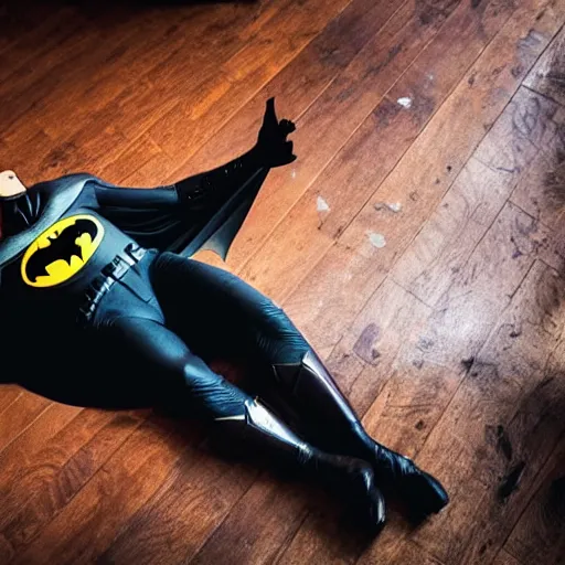 Image similar to batman lying on the floor in a pub, 8 k photography, golden hour