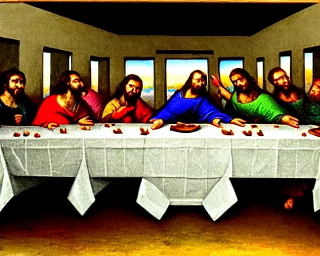 Image similar to lan party in the style of the last supper