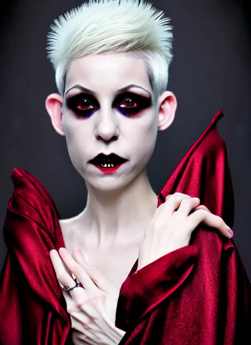 Prompt: surreal highly detailed photo portrait of a beautiful female vampire, short white pixie cut with shaved sides hair, depressing hopeless horrific vibe, 150 mm lens, soft rim light, bold ornate crimson robes with silver lace trim, pronounced facial contouring, sly expression, pale skin, dark studio background, Alexander McQueen, high fashion, haute couture, rococo, anatomical, elegant, hyper realistic, octane render, unreal engine 5, art by John Collier and Albert Aublet and Krenz Cushart and Artem Demura and Alphonse Mucha, hints of Dan Hillier and H. R. Giger, volumetric lighting, 8k, vibrant high contrast coloring, Art Nouveau, masterpiece, intricate, ethereal