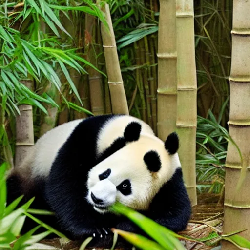 Prompt: small panda, Surrounded by a circle of bamboo