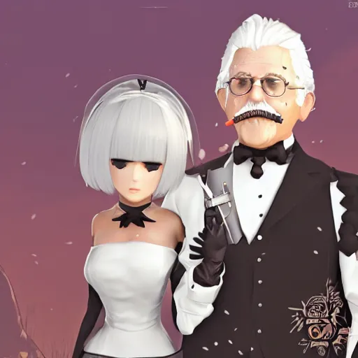 Image similar to Colonel Sanders marrying 2B from nier automata in kentucky