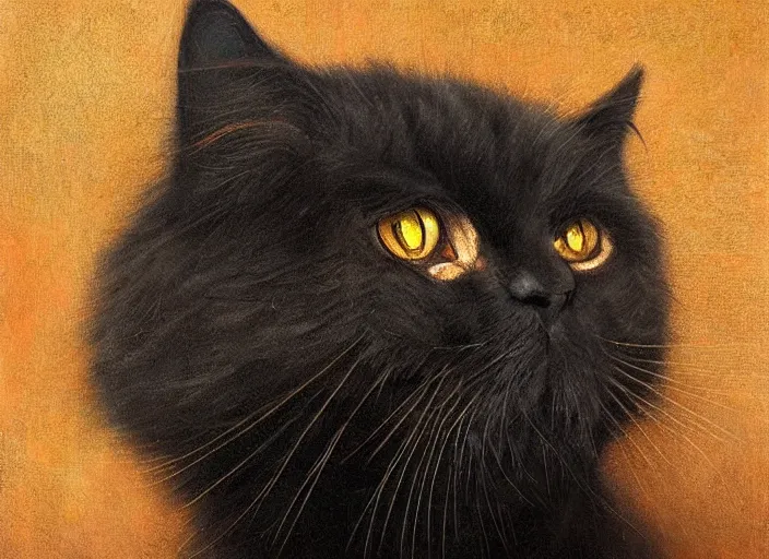 Image similar to ymmetrical portrait of black persian cat staring contemptuously at people, dystopian atmosphere, high tech low life, an ultrafine detailed painting by by karol bak and filip hodas, trending on deviantart, pop surrealism, whimsical, lowbrow, perfect symmetrical face, sharp focus, octane, masterpiece, art by hans giger and wayne barlowe
