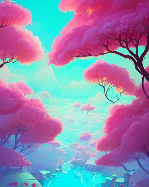 Prompt: candyland landscape | candies desserts cherry - blossoms | highly detailed | very intricate | fantasy whimsical magical | soft bright natural morning light | pixar | award - winning | matte painting by anton fadeev and paul lehr and rhads and alena aenami | pastel color palette | featured on artstation