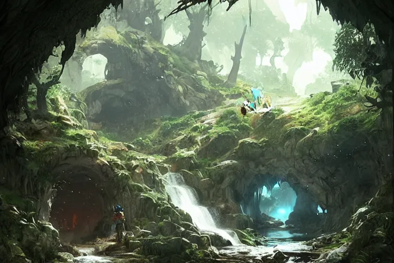 Image similar to 1 2 3 4 cave entrance surrounded by trees with a small water stream coming out of it, fantasy, highly detailed, art by greg rutkowski