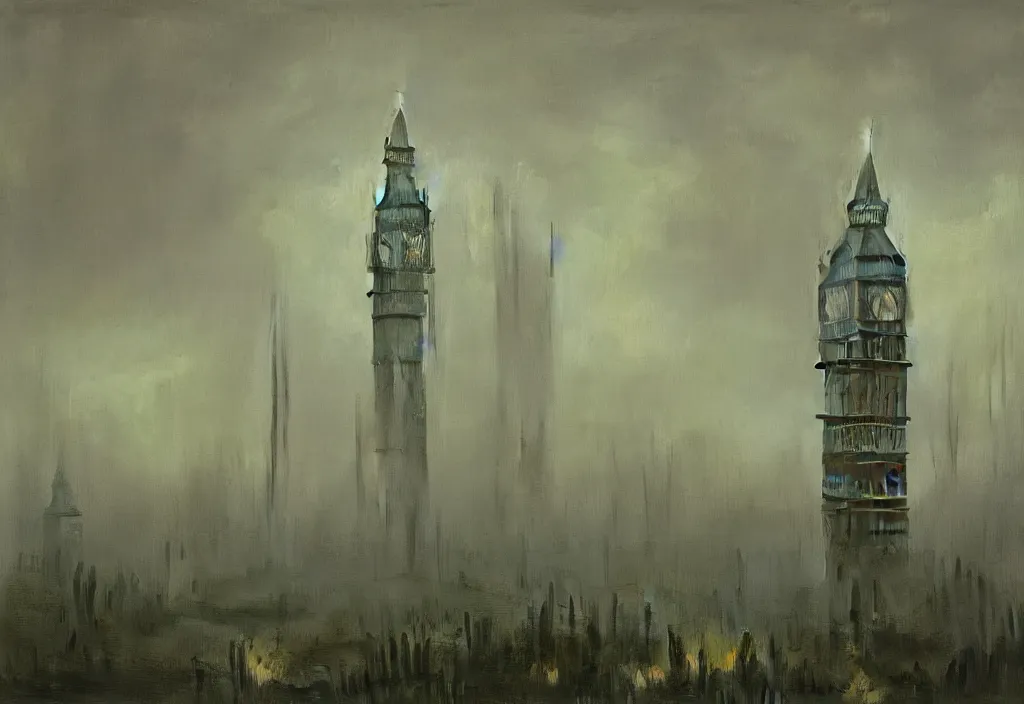 Image similar to london in green mist by carl gustav carus, clocktower, steampunk, tentacles, cthulhu, digital art, 4k, trending on artstation, highly detailed