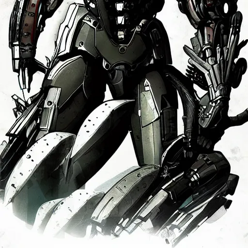 Image similar to cyborg from metal gear rising : revengeance, vintage illustration, grimdark