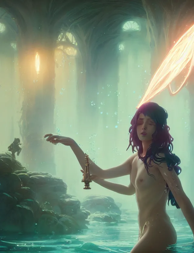 Image similar to highly detailed vfx portrait of a sorceress casting a water spell, unreal engine, greg rutkowski, loish, rads, beeple, makoto shinkai and lois van baerle, ilya kuvshinov, rossdraws, tom bagshaw, alphonse mucha, global lighting, detailed and complex environment