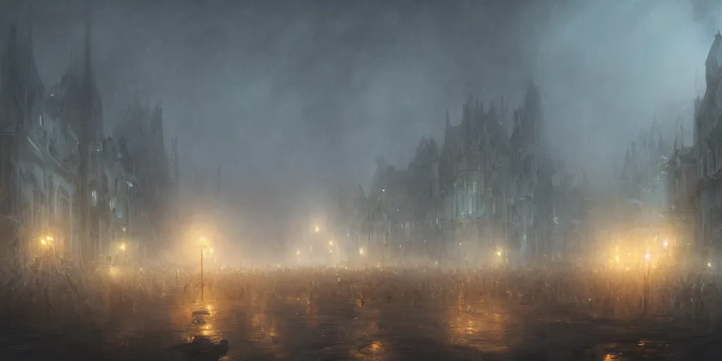 Prompt: a heavy swirling fog during a parade, soft lighting, night, unreal engine, digital art, 8 k, oil painting, fantasy art, illustration, detailed and intricate environment