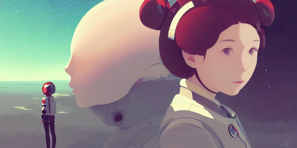 Image similar to portrait of a girl with astronaut helmets by ilya kuvshinov, cloudy sky background lush landscape ln illustration concept art anime key visual trending pixiv by victo ngai fanbox by greg rutkowski makoto shinkai takashi takeuchi studio ghibli