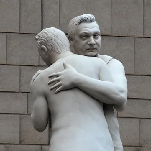 Image similar to marble statue of viktor orban and vladimir putin hugging