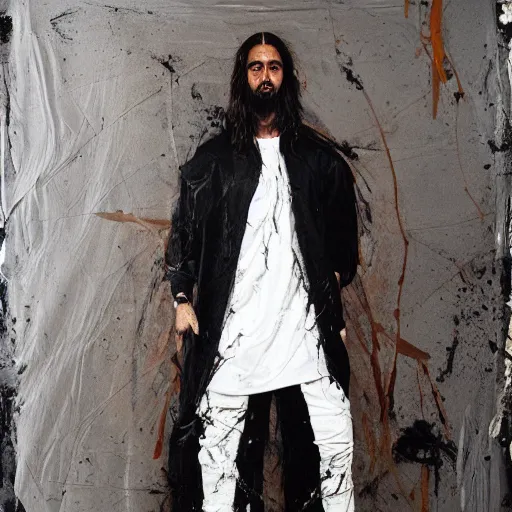 Image similar to a full body lookbook portrait of modern - day jesus wearing virgil abloh off - white menswear and sneaker collection by nicola samori, detailed, realistic oil painting, hyper - realistic, 8 k, off - white collection