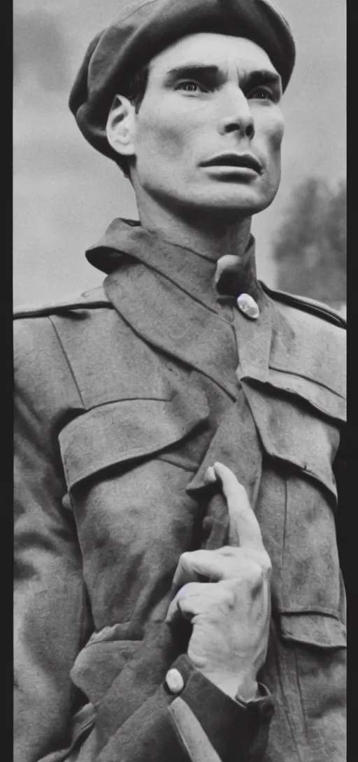 Image similar to cillian murphy in a world war ii uniform, black and white film photography