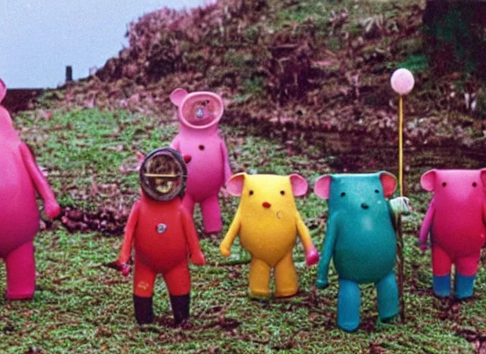 Prompt: a still from a 1 9 8 0 s british children ’ s bbc tv programme by oliver postgate, clangers, scarfolk, vhs distortion