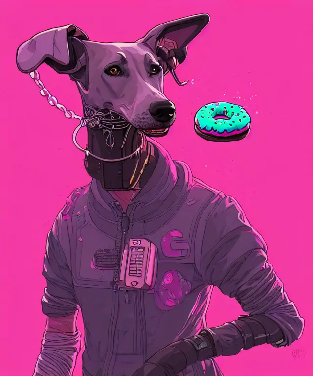 Prompt: a portrait of an anthropomorphic cyberpunk greyhound dog eating a pink donut, cyberpunk!, cyberpunk cityscape background, fantasy, elegant, digital painting, artstation, concept art, matte, sharp focus, illustration, art by josan gonzalez