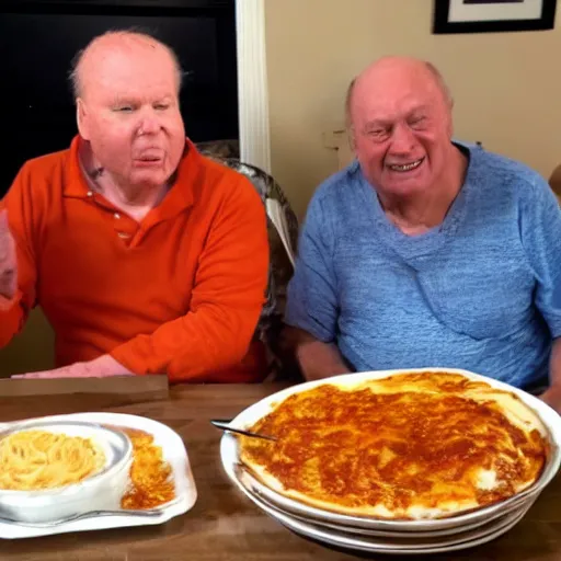 Image similar to fat orange tabby cat next to curly haired man and lasagna on table, jim davis