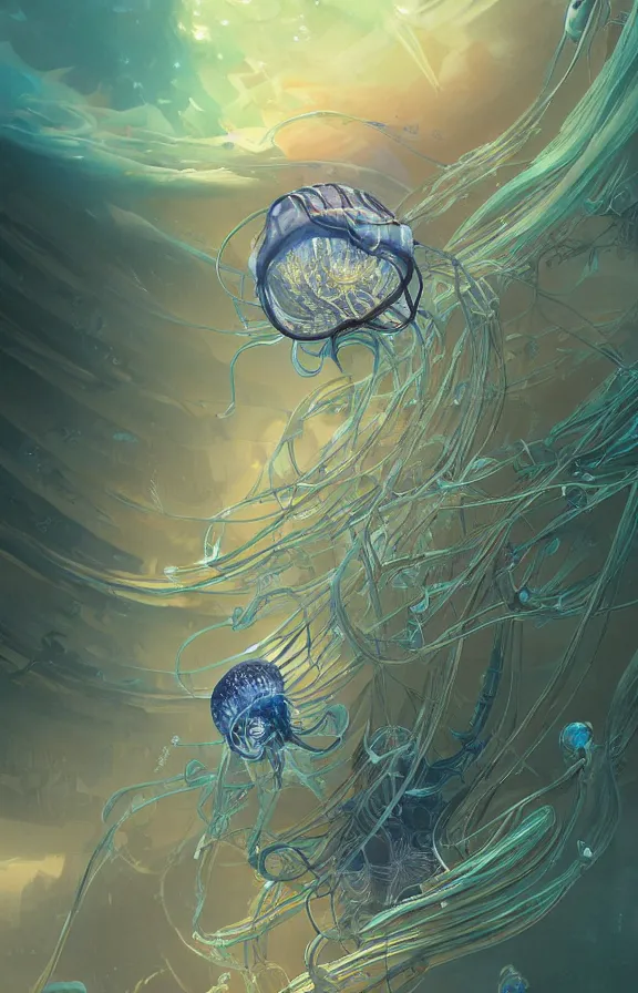 Image similar to Panorama hyper detailed painting of a cyberpunk jellyfish, blue tones, underwater, 8 mm, highly detailed, digital painting, artstation, concept art, smooth, sharp focus, illustration, art by artgerm and greg rutkowski and alphonse mucha